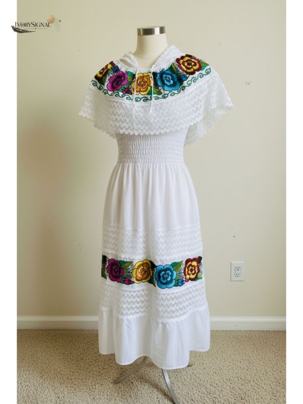 100% Cotton Off Shoulder Mexican Embroidered Midi Dress Sleeveless Lace